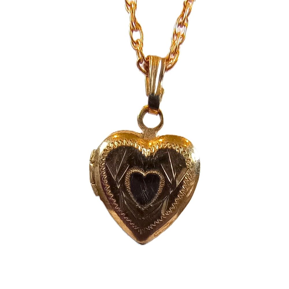Heart Dainty Locket pendant necklace 14K gold filled etched small 0.5" inches